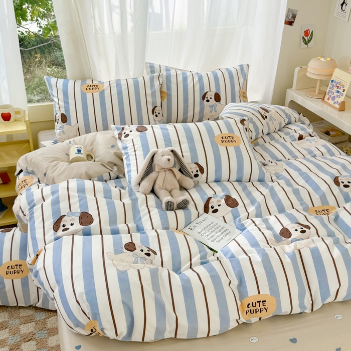 91家纺网 家纺一手货源 找家纺 呗旺鹿 2024新款小清新13372全棉四件套纯棉四件套学生三件套 竖条可可