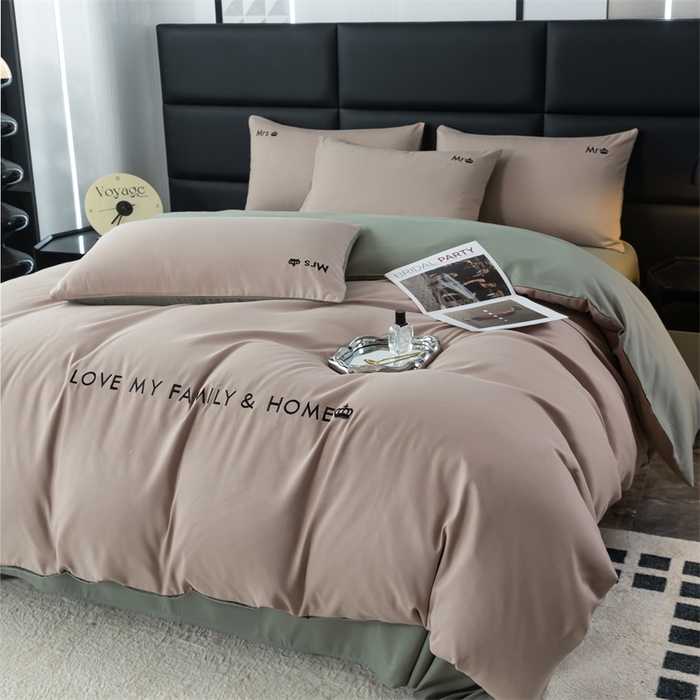 91家纺网 家纺一手货源 找家纺 梦莱家纺 2024新款磨毛刺绣四件套 卡其