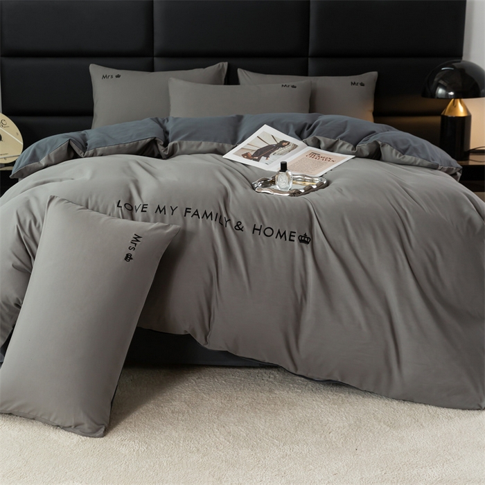 91家纺网 家纺一手货源 找家纺 梦莱家纺 2024新款磨毛刺绣四件套 浅灰