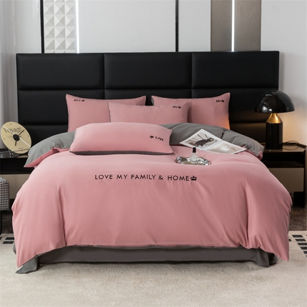 91家纺网 家纺一手货源 找家纺 梦莱家纺 2024新款磨毛刺绣四件套 粉豆沙