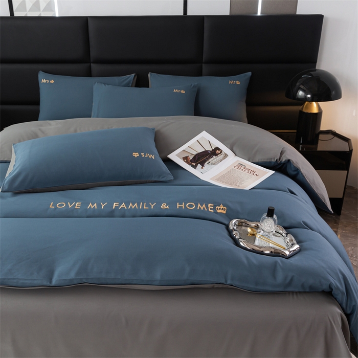 91家纺网 家纺一手货源 找家纺 梦莱家纺 2024新款磨毛刺绣四件套 宝石蓝