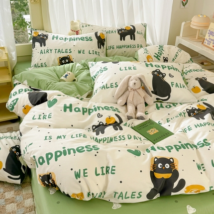 呗旺鹿 2024新款小清新13372全棉四件套纯棉四件套学生三件套 淘气猫