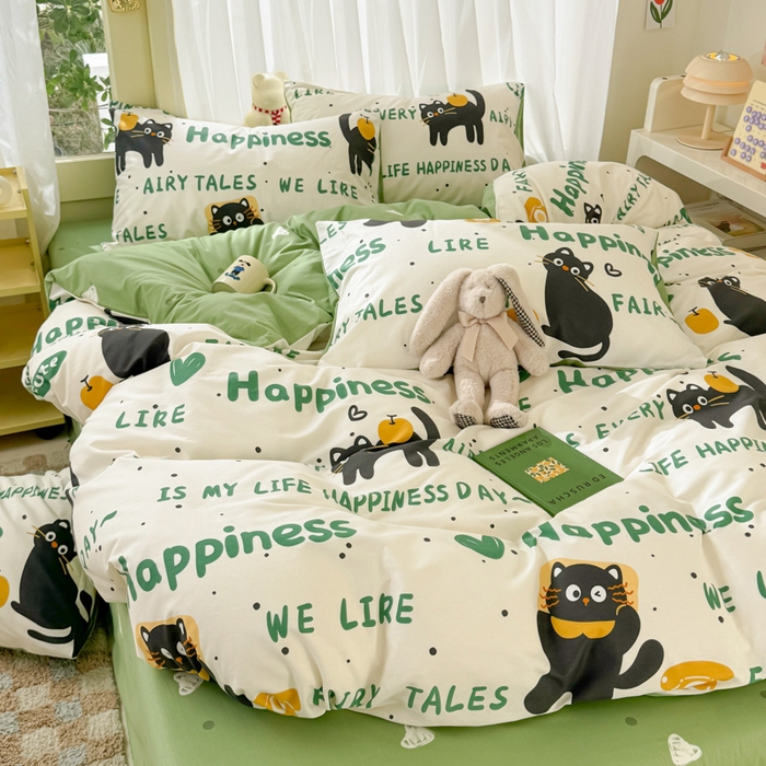 91家纺网 家纺一手货源 找家纺 呗旺鹿 2024新款小清新13372全棉四件套纯棉四件套学生三件套 淘气猫