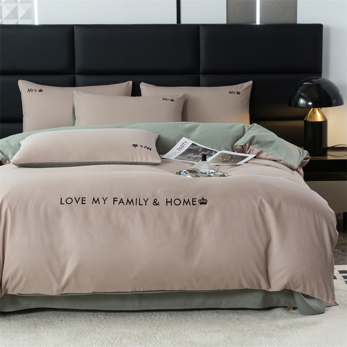 91家纺网 家纺一手货源 找家纺 梦莱家纺 2024新款磨毛刺绣四件套 卡其