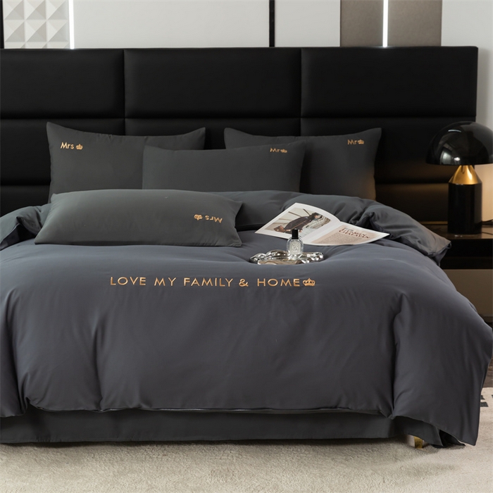 91家纺网 家纺一手货源 找家纺 梦莱家纺 2024新款磨毛刺绣四件套 深灰