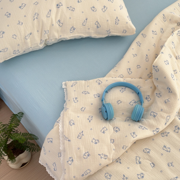 91家纺网 家纺一手货源 找家纺 山舍家居 2024新款全棉皱皱纱夏被四件套 萌萌兔