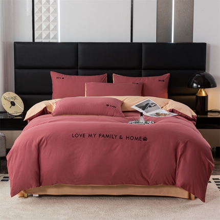 梦莱家纺 2024新款磨毛刺绣四件套 玫红