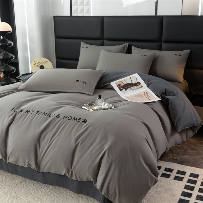 91家纺网 家纺一手货源 找家纺 梦莱家纺 2024新款磨毛刺绣四件套 浅灰