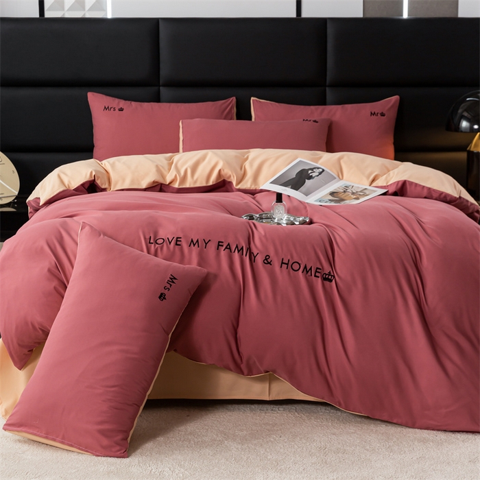 91家纺网 家纺一手货源 找家纺 梦莱家纺 2024新款磨毛刺绣四件套 玫红