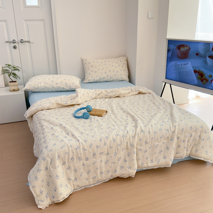 91家纺网 家纺一手货源 找家纺 山舍家居 2024新款全棉皱皱纱夏被四件套 萌萌兔