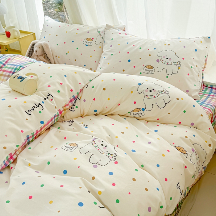 91家纺网 家纺一手货源 找家纺 呗旺鹿 2024新款小清新13372全棉四件套纯棉四件套学生三件套 泡泡糖小狗