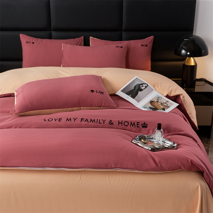 91家纺网 家纺一手货源 找家纺 梦莱家纺 2024新款磨毛刺绣四件套 玫红