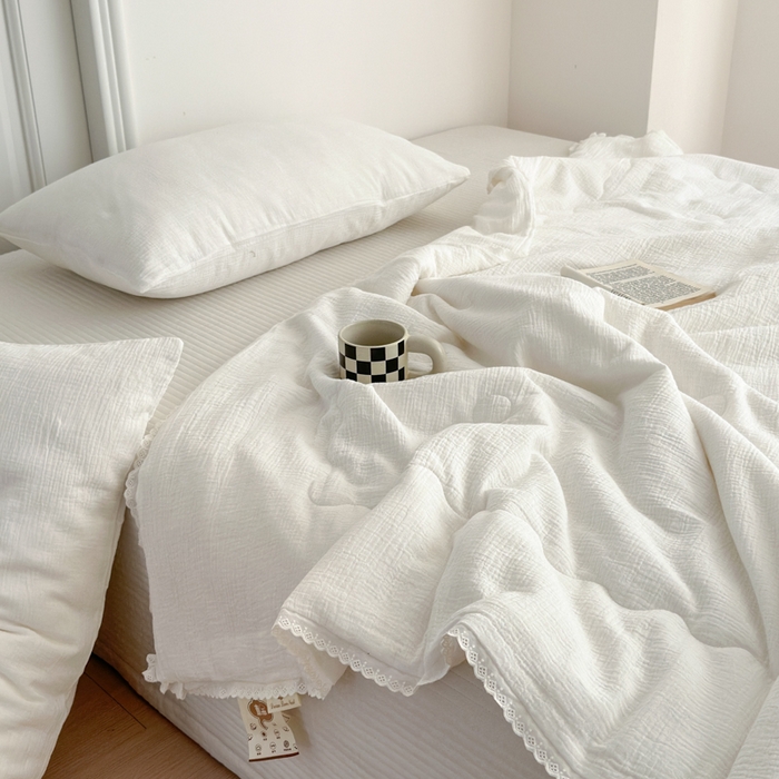 91家纺网 家纺一手货源 找家纺 山舍家居 2024新款全棉皱皱纱夏被四件套 白色