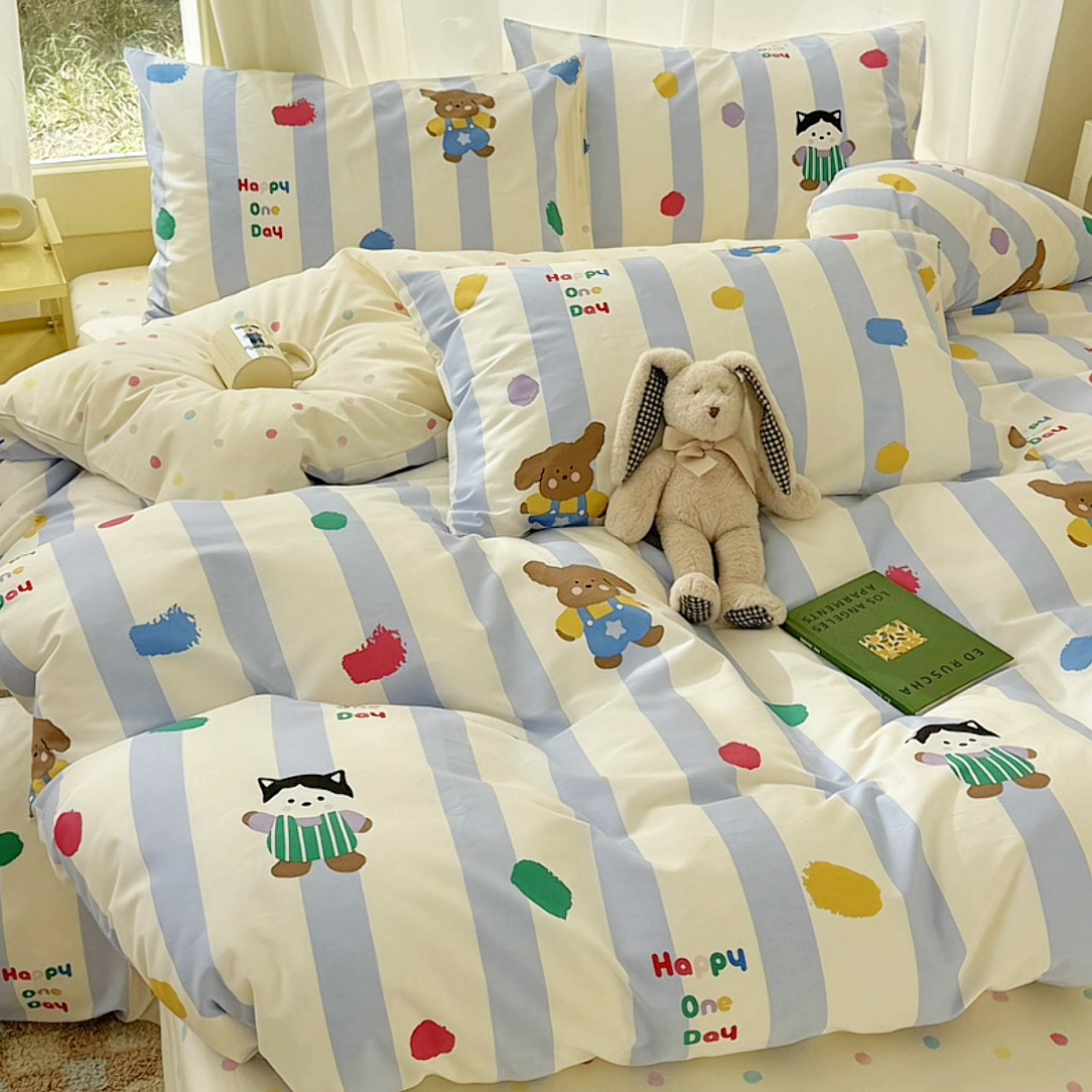 91家纺网 家纺一手货源 找家纺 呗旺鹿 2024新款小清新13372全棉四件套纯棉四件套学生三件套 糖果