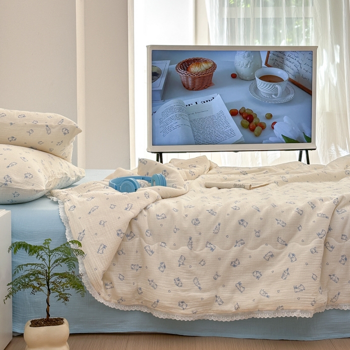 91家纺网 家纺一手货源 找家纺 山舍家居 2024新款全棉皱皱纱夏被四件套 萌萌兔