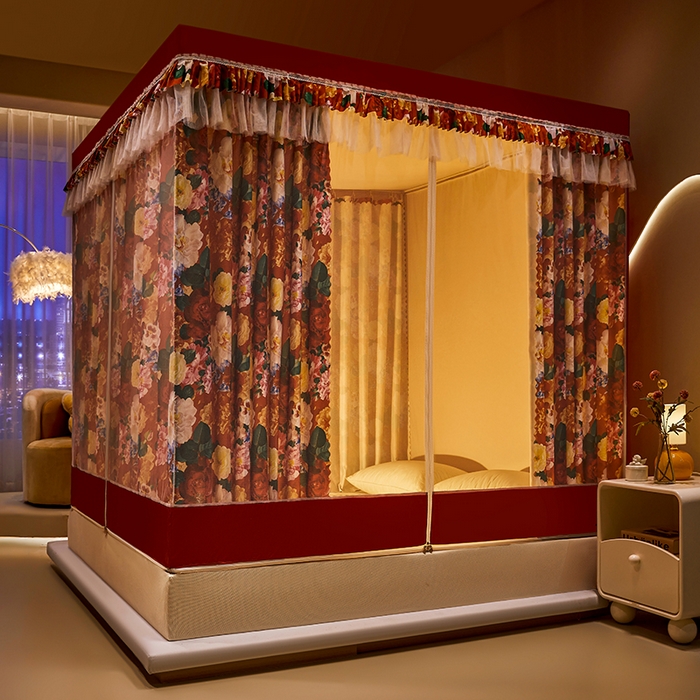 91家纺网 家纺一手货源 找家纺 艾晶美2025新款印花坐床式防摔遮光布帘蚊帐 红粉佳人