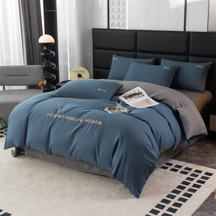 91家纺网 家纺一手货源 找家纺 梦莱家纺 2024新款磨毛刺绣四件套 宝石蓝