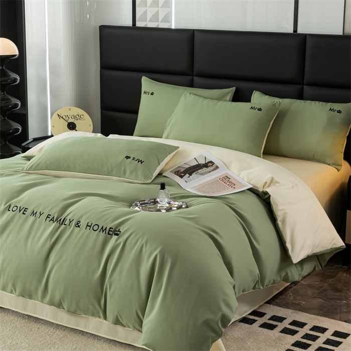 91家纺网 家纺一手货源 找家纺 梦莱家纺 2024新款磨毛刺绣四件套 果绿