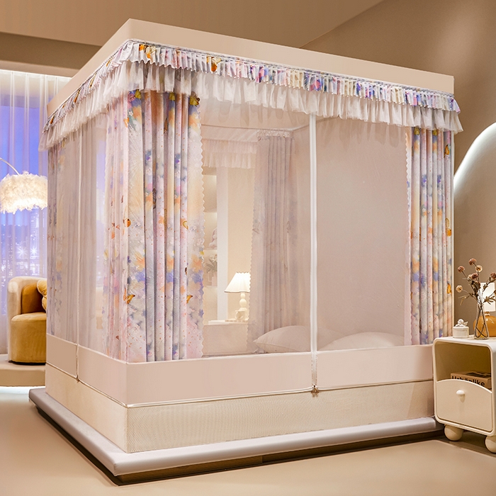 91家纺网 家纺一手货源 找家纺 艾晶美2025新款印花坐床式防摔遮光布帘蚊帐 梦飞碟