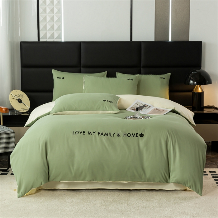 91家纺网 家纺一手货源 找家纺 梦莱家纺 2024新款磨毛刺绣四件套 果绿