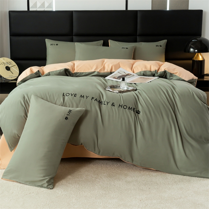 91家纺网 家纺一手货源 找家纺 梦莱家纺 2024新款磨毛刺绣四件套 青石绿