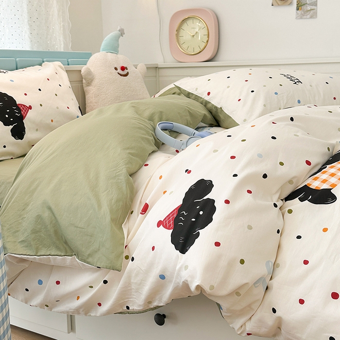 91家纺网 家纺一手货源 找家纺 昔可 2024新款全棉多巴胺卡通轻柔四件套系列 哈皮狗狗