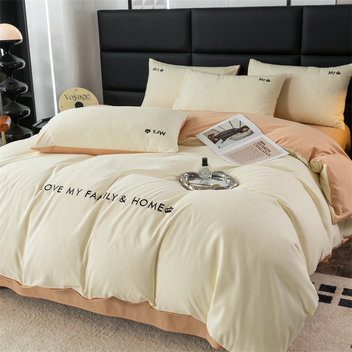 91家纺网 家纺一手货源 找家纺 梦莱家纺 2024新款磨毛刺绣四件套 米白