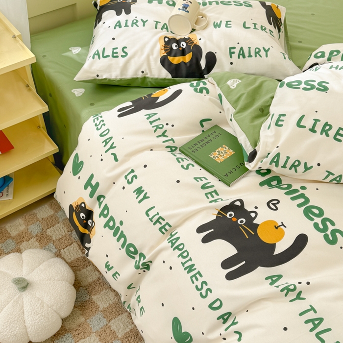 91家纺网 家纺一手货源 找家纺 呗旺鹿 2024新款小清新13372全棉四件套纯棉四件套学生三件套 淘气猫