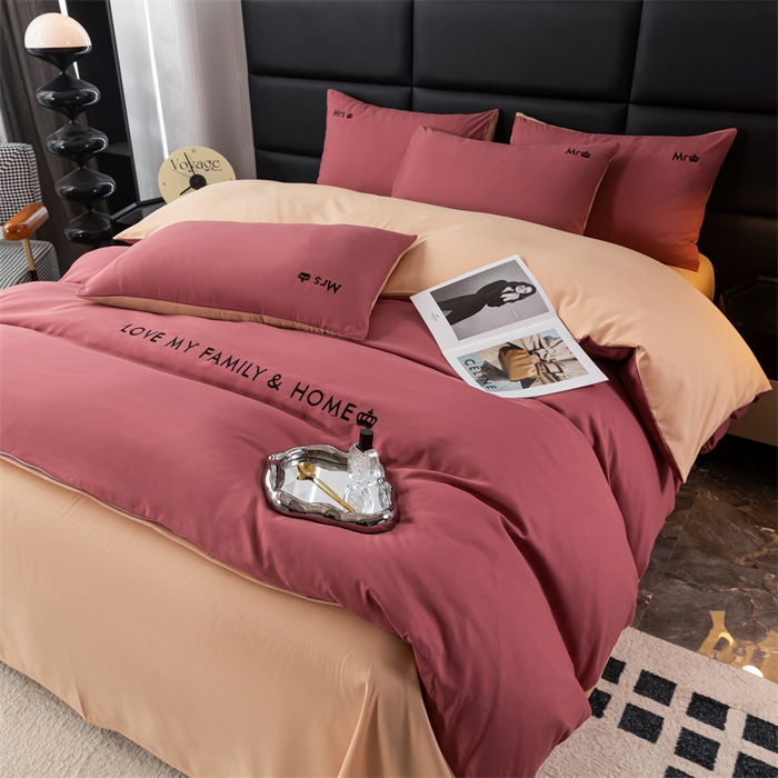 91家纺网 家纺一手货源 找家纺 梦莱家纺 2024新款磨毛刺绣四件套 玫红