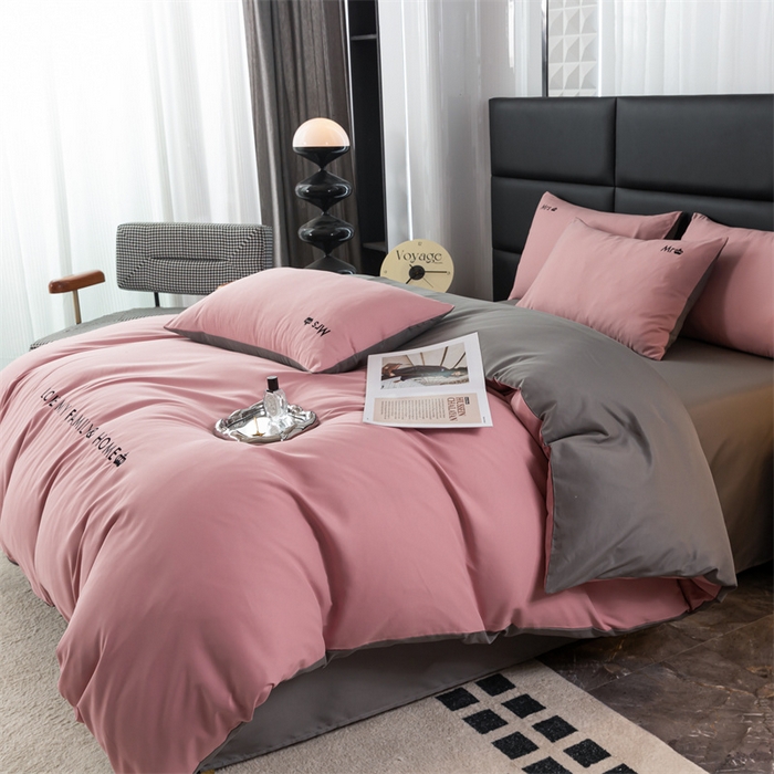 91家纺网 家纺一手货源 找家纺 梦莱家纺 2024新款磨毛刺绣四件套 粉豆沙