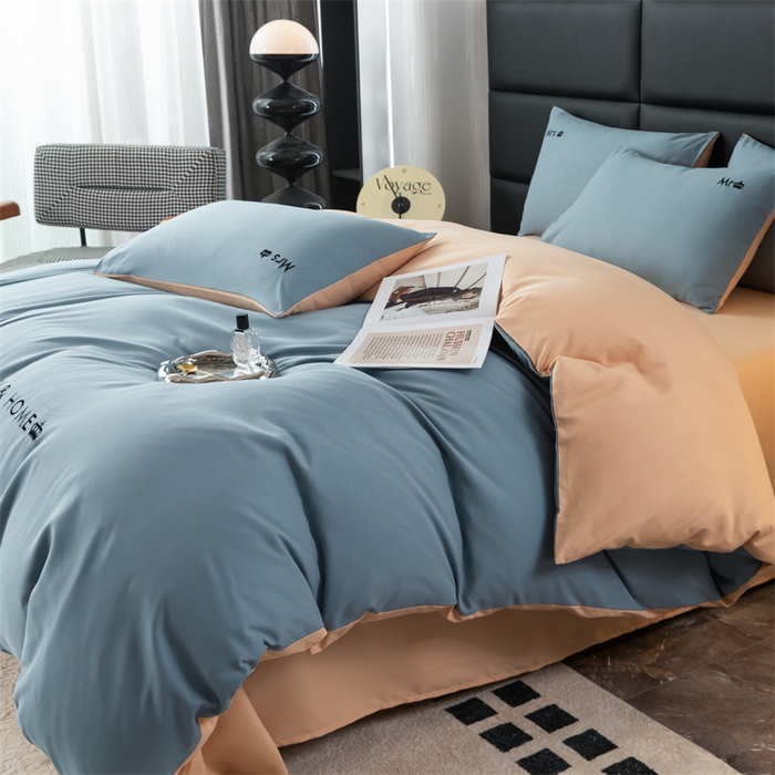 91家纺网 家纺一手货源 找家纺 梦莱家纺 2024新款磨毛刺绣四件套 宾利蓝