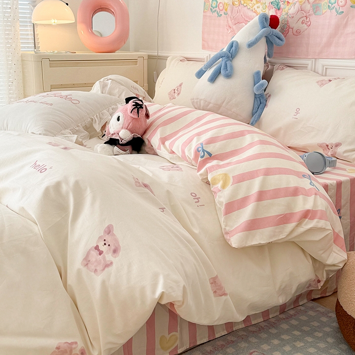 91家纺网 家纺一手货源 找家纺 昔可 2024新款全棉多巴胺卡通轻柔四件套系列 蝴蝶结狗狗