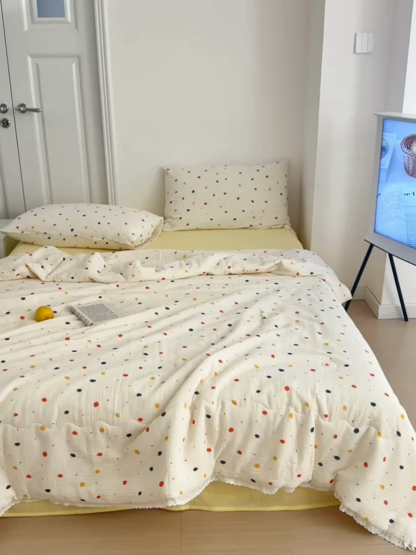 91家纺网 家纺一手货源 找家纺 山舍家居 2024新款全棉皱皱纱夏被四件套 花火