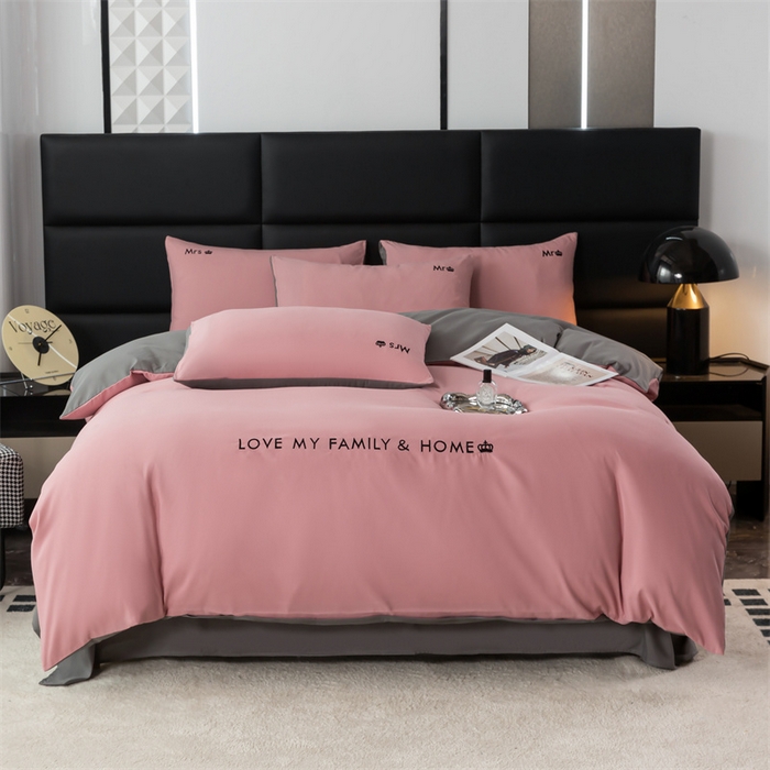 91家纺网 家纺一手货源 找家纺 梦莱家纺 2024新款磨毛刺绣四件套 粉豆沙