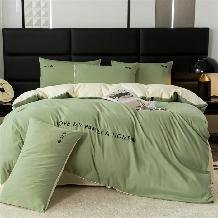 91家纺网 家纺一手货源 找家纺 梦莱家纺 2024新款磨毛刺绣四件套 果绿