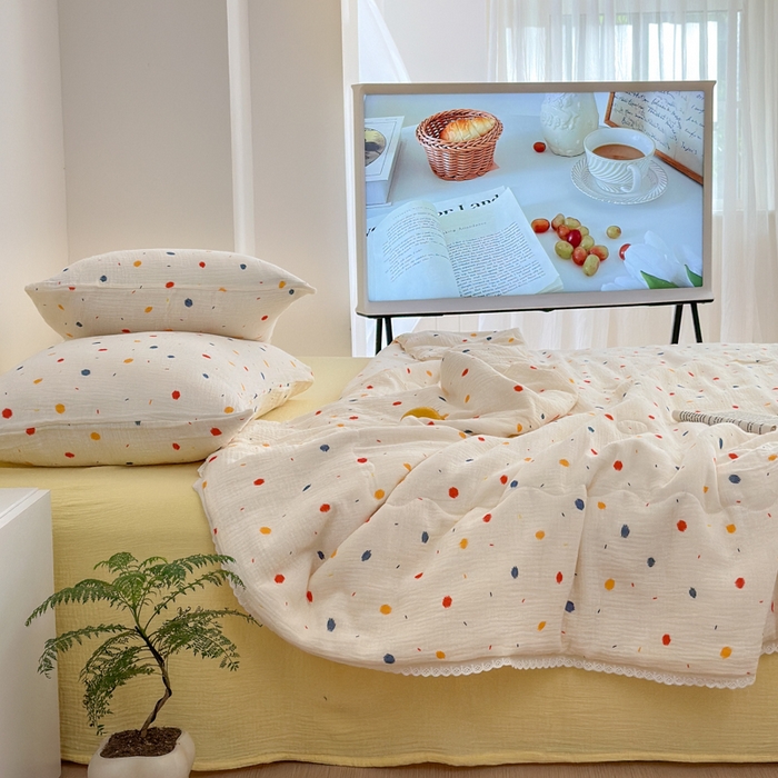 91家纺网 家纺一手货源 找家纺 山舍家居 2024新款全棉皱皱纱夏被四件套 花火