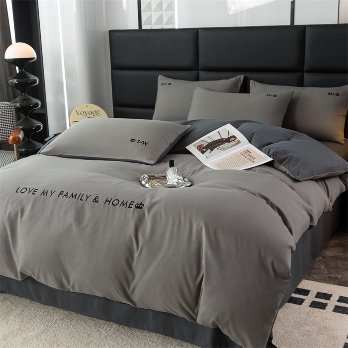 91家纺网 家纺一手货源 找家纺 梦莱家纺 2024新款磨毛刺绣四件套 浅灰