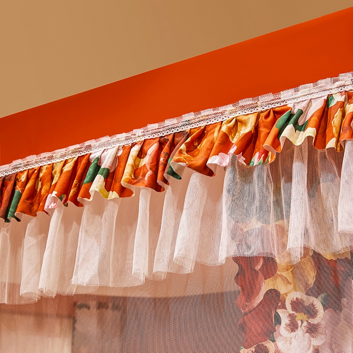 91家纺网 家纺一手货源 找家纺 艾晶美2025新款印花坐床式防摔遮光布帘蚊帐 红粉佳人