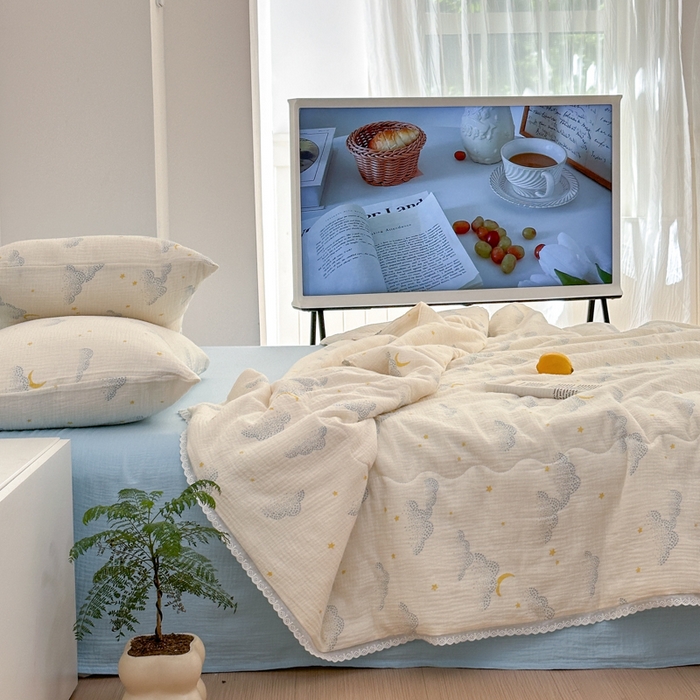 91家纺网 家纺一手货源 找家纺 山舍家居 2024新款全棉皱皱纱夏被四件套 云间月