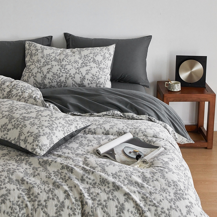 91家纺网 家纺一手货源 找家纺 千朵森 2024新款水洗棉色织提花四件套 风格一 叶语