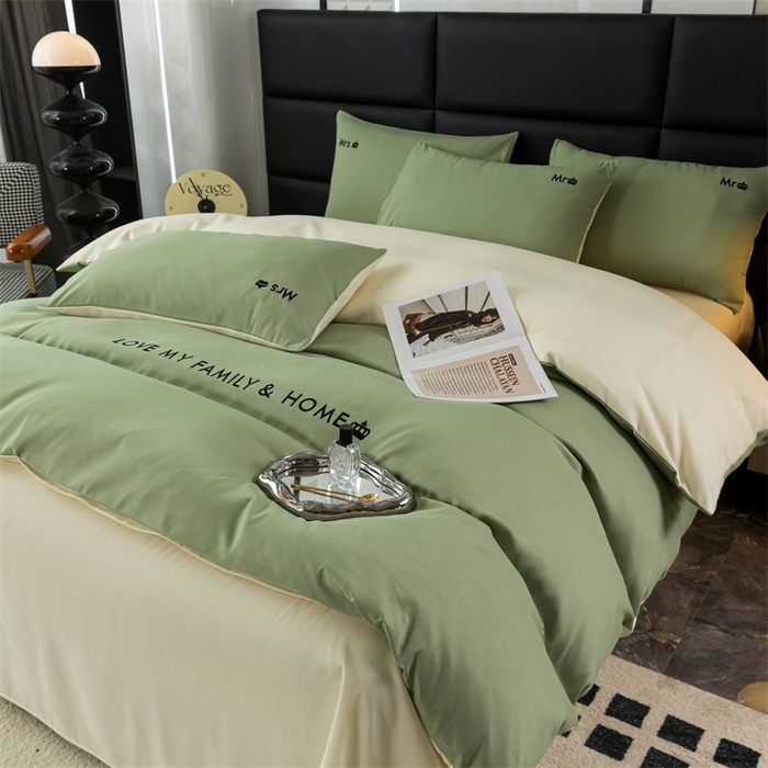 91家纺网 家纺一手货源 找家纺 梦莱家纺 2024新款磨毛刺绣四件套 果绿