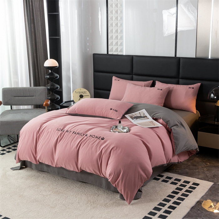 91家纺网 家纺一手货源 找家纺 梦莱家纺 2024新款磨毛刺绣四件套 粉豆沙