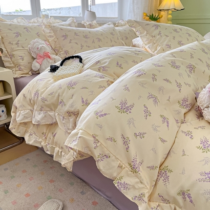 柠馨 2024新款全棉印花浪漫花边款四件套 浅薇