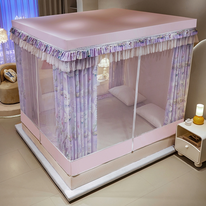 91家纺网 家纺一手货源 找家纺 艾晶美2025新款印花坐床式防摔遮光布帘蚊帐 英花小镇