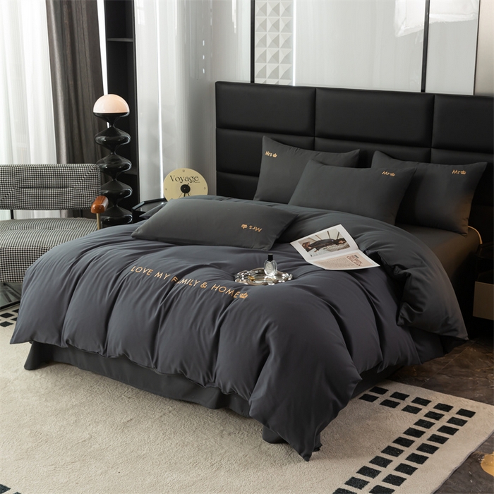 91家纺网 家纺一手货源 找家纺 梦莱家纺 2024新款磨毛刺绣四件套 深灰