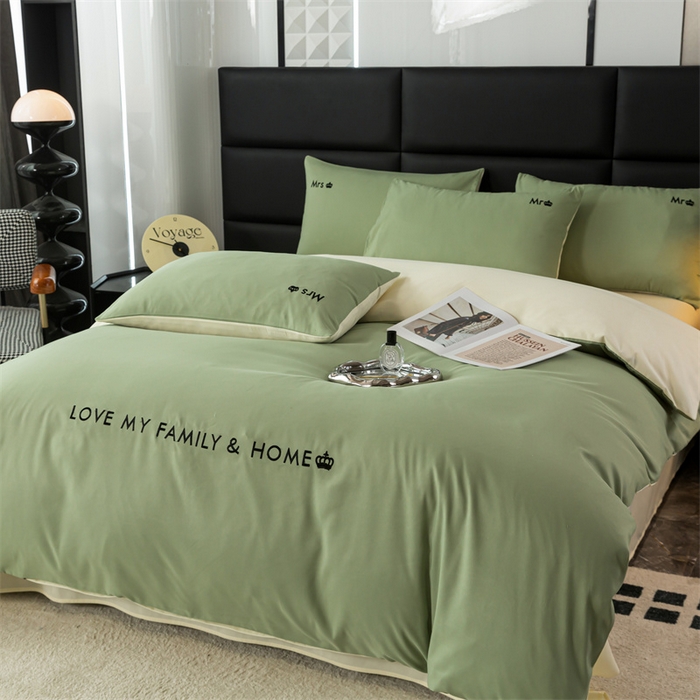 91家纺网 家纺一手货源 找家纺 梦莱家纺 2024新款磨毛刺绣四件套 果绿