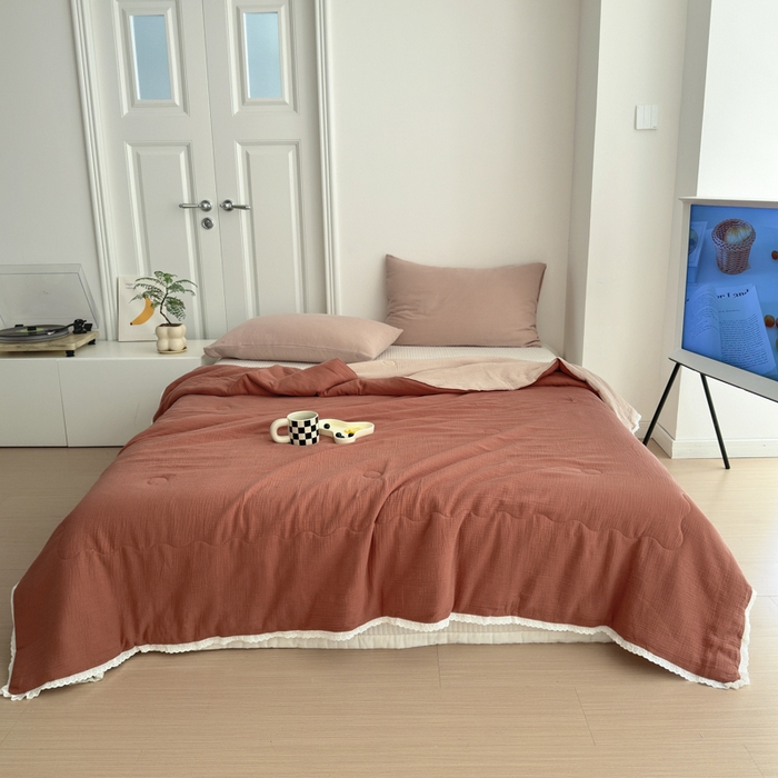 91家纺网 家纺一手货源 找家纺 山舍家居 2024新款全棉皱皱纱夏被四件套 摩卡