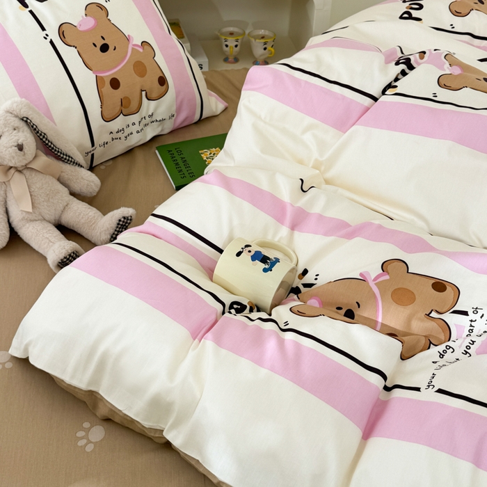 91家纺网 家纺一手货源 找家纺 呗旺鹿 2024新款小清新13372全棉四件套纯棉四件套学生三件套 开心狗