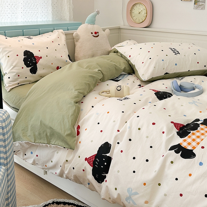 91家纺网 家纺一手货源 找家纺 昔可 2024新款全棉多巴胺卡通轻柔四件套系列 哈皮狗狗