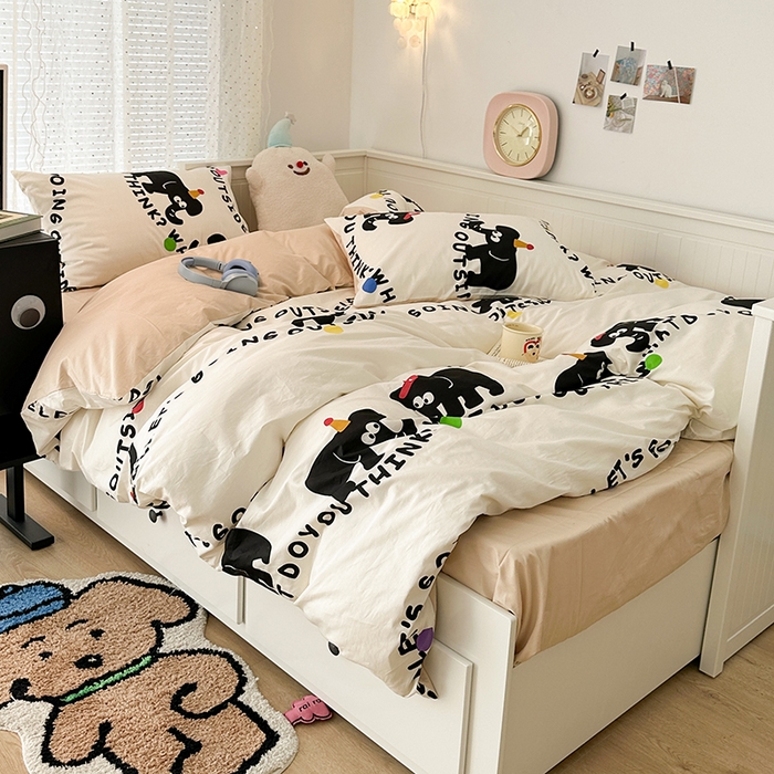 91家纺网 家纺一手货源 找家纺 昔可 2024新款全棉多巴胺卡通轻柔四件套系列 小黑象